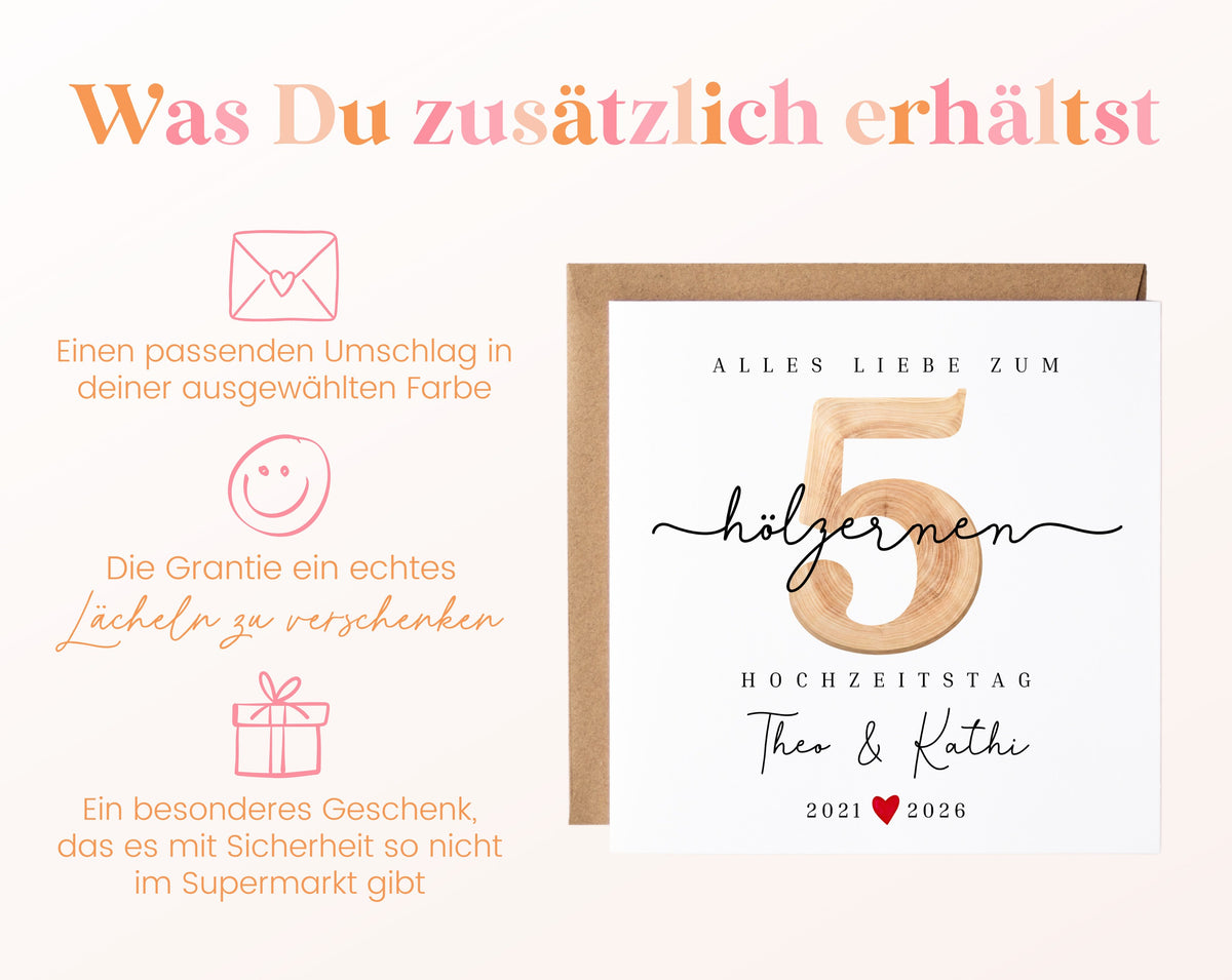 Holzhochzeit Karte - Zahl 5 mit Schriftzug - personalisiert