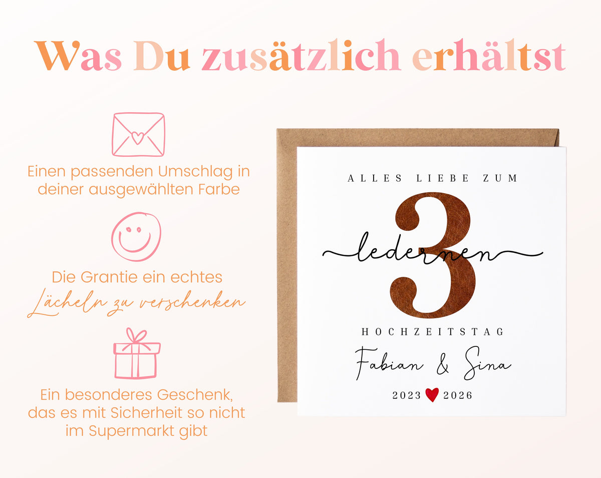 Lederhochzeit Karte - Zahl 3 mit Schriftzug - personalisiert