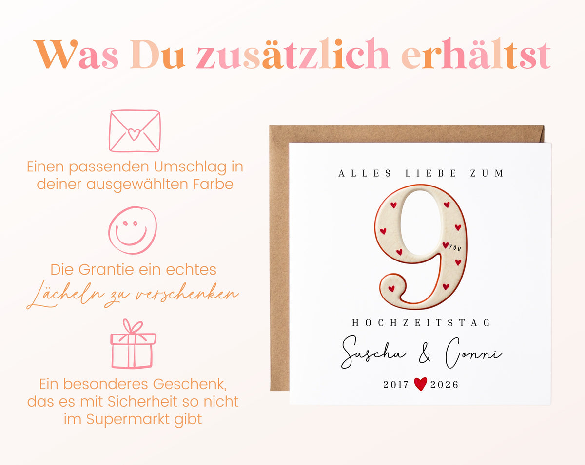 Keramikhochzeit Karte - Zahl 9 mit Herzen - personalisiert