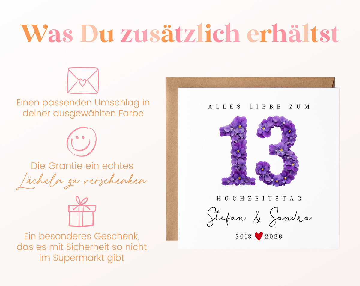 Veilchenhochzeit Karte - Blütenzahl 13 - personalisiert