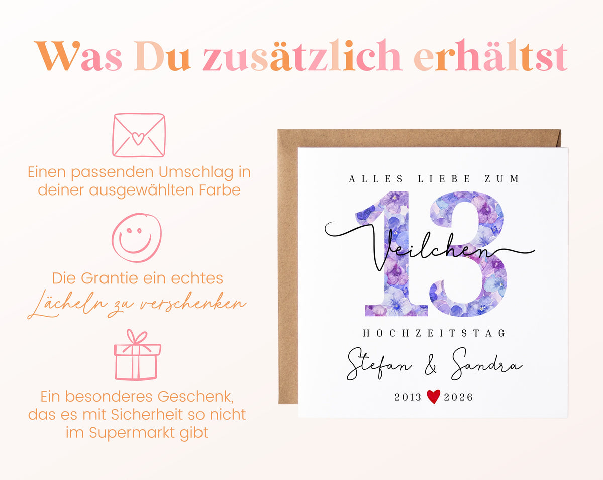 Veilchenhochzeit Karte - Zahl 13 mit Blütenmuster - personalisiert