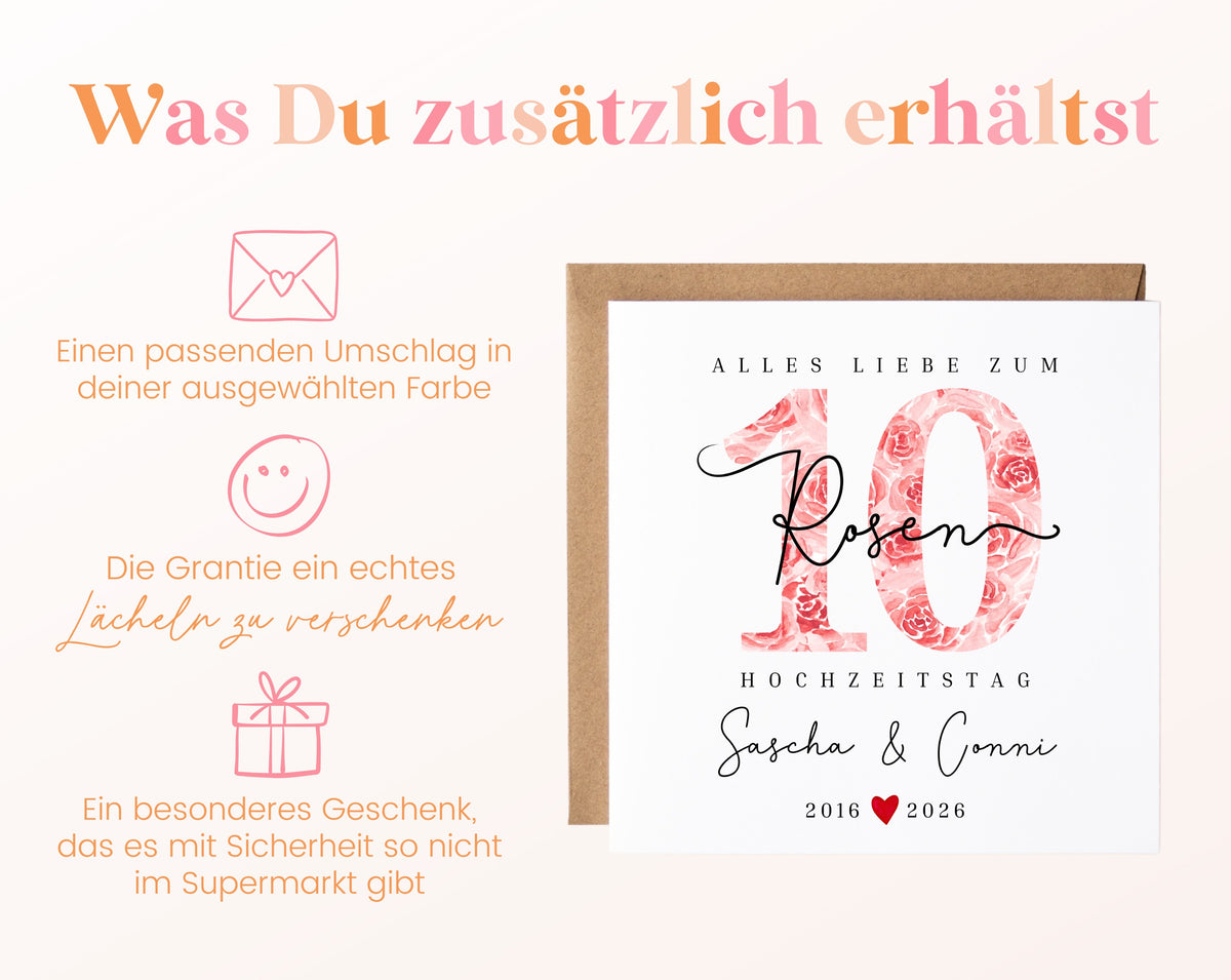 Rosenhochzeit Karte - 10. Hochzeitstag große Rosen - personalisiert