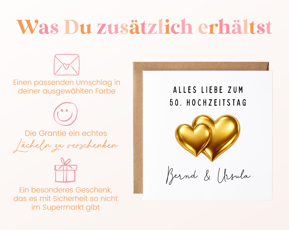 Goldene Hochzeit Karte - Doppelherzen - personalisiert
