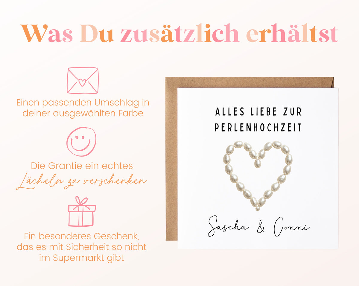 Perlenhochzeit Karte - Perlenherz - personalisiert