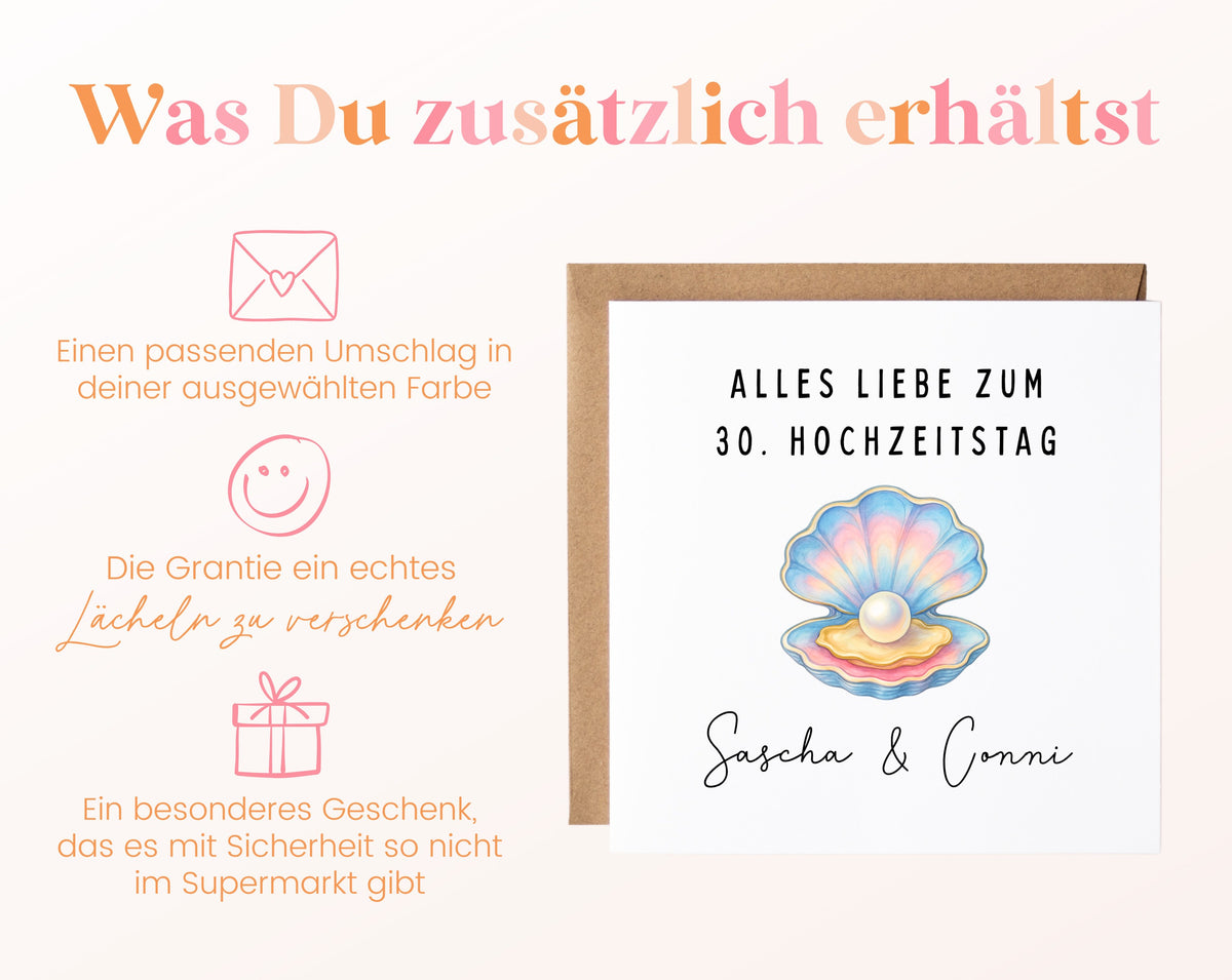 Perlenhochzeit Karte - Muschel mit Perle - personalisiert