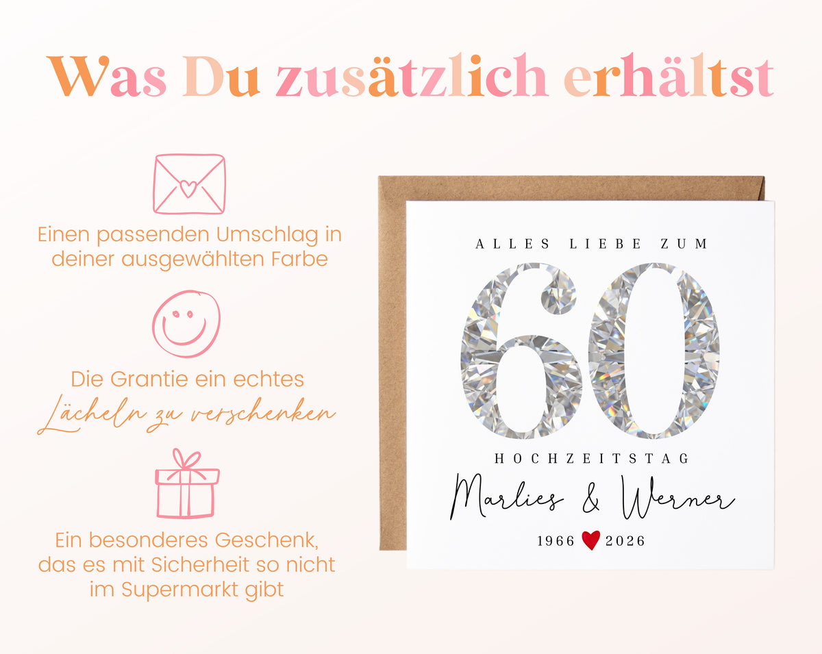 Diamantene Hochzeit Karte - facettierte Zahl 60 - personalisiert