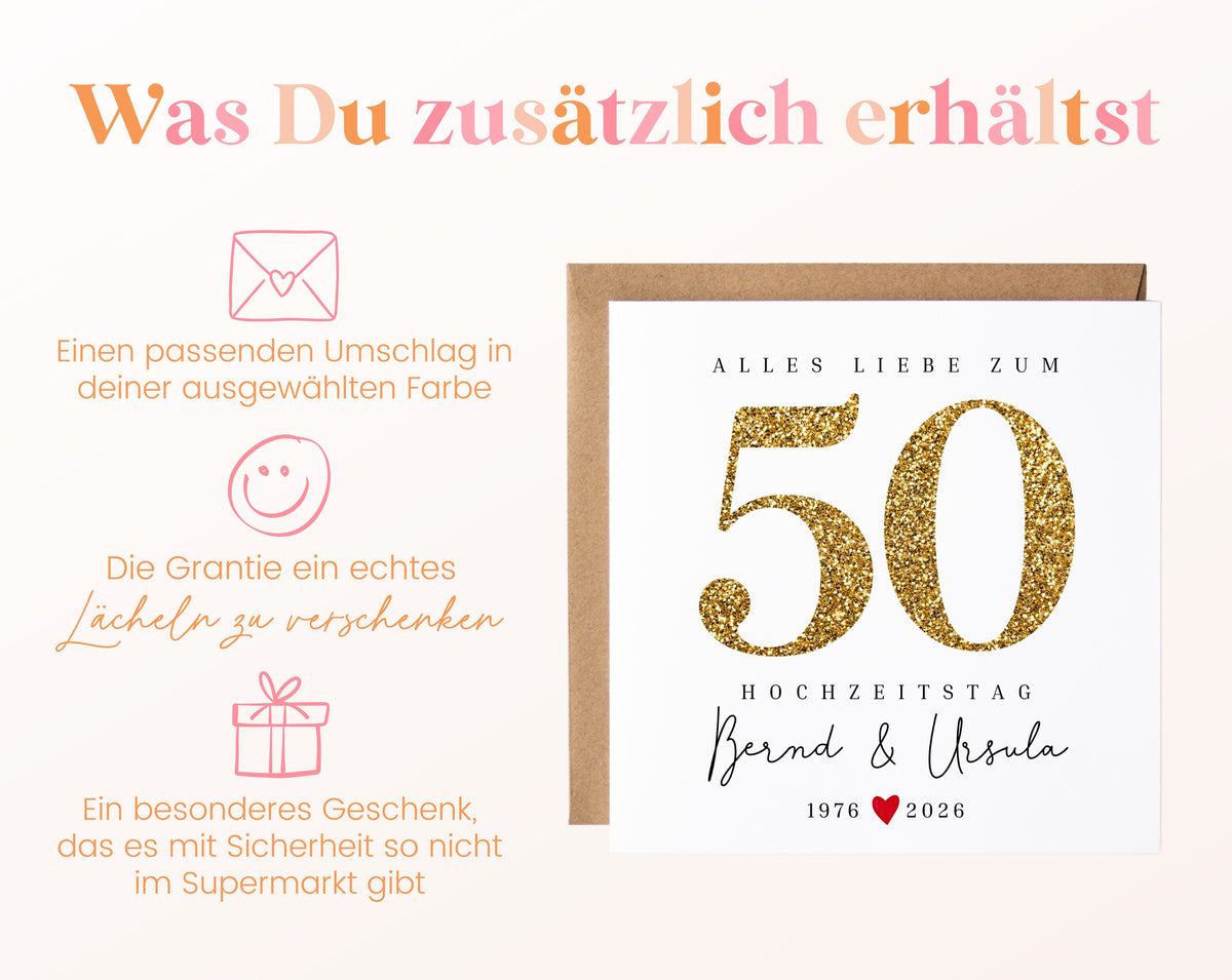 Goldene Hochzeit Karte - Glitzerzahl 50 - personalisiert
