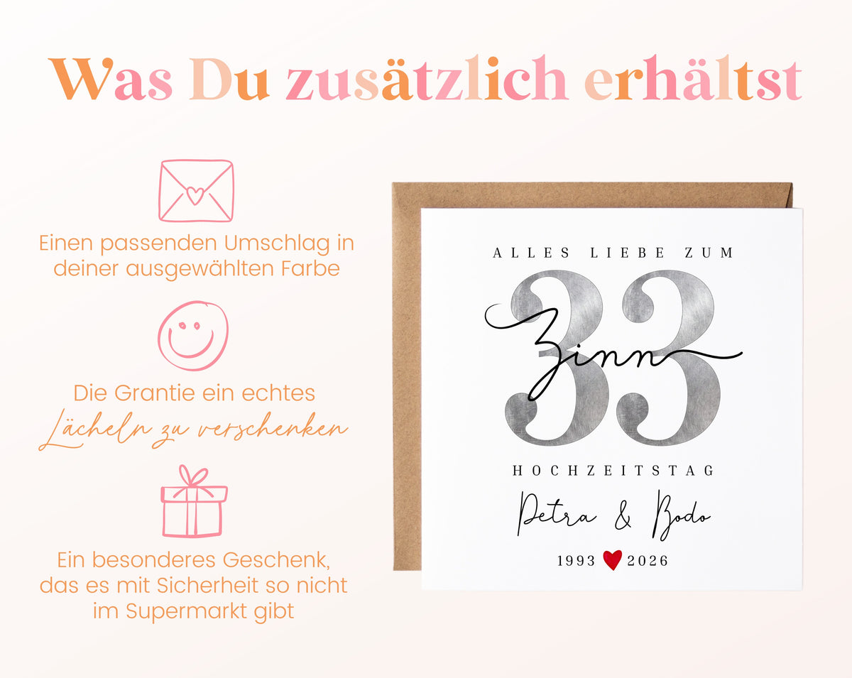 Zinnhochzeit Karte - Zinnzahl 33 - personalisiert