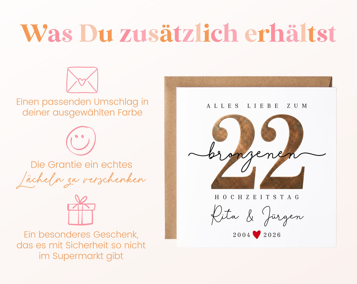 Bronzehochzeit Karte - Bronzezahl 22 - personalisiert