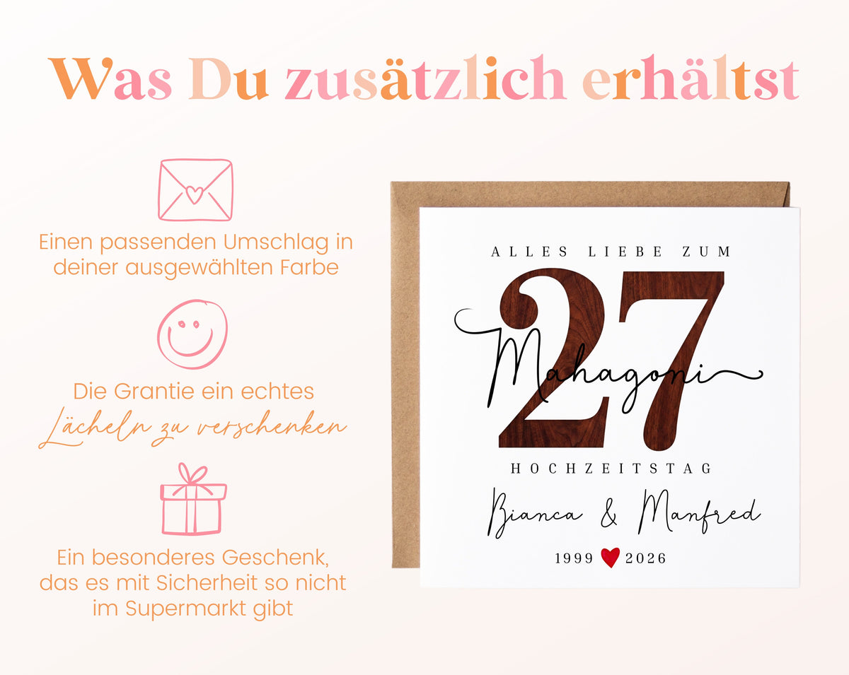 Mahagonihochzeit Karte - Holzzahl 27 - personalisiert