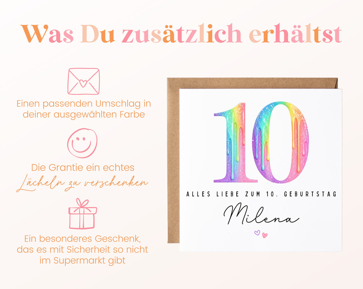 Personalisierte Kindergeburtstagskarte zum 10. – Regenbogenzahl – Zusätzliche Produktinformationen