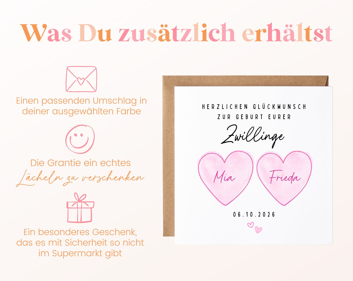 Zwillingskarte zur Geburt – zwei rosa Herzen – 06 zusaetzlich