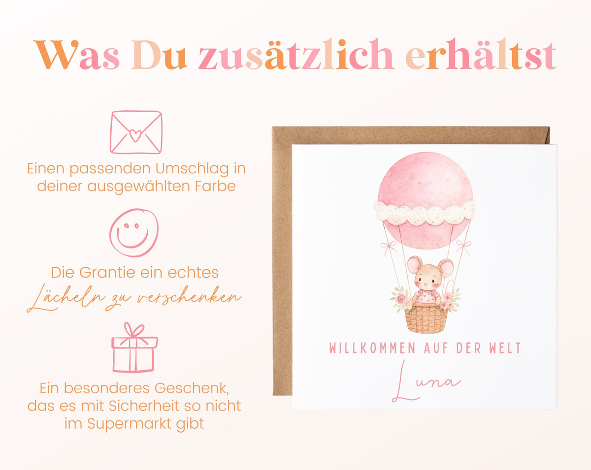 Geburtskarte Maus im Heißluftballon – Rosa – 06 zusaetzlich