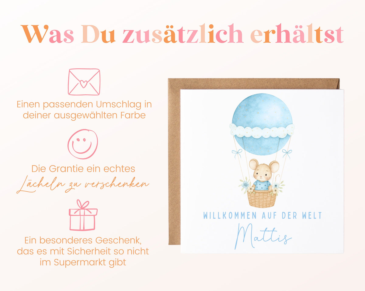 Geburtskarte Maus im Heißluftballon – Hellblau – 06 zusaetzlich