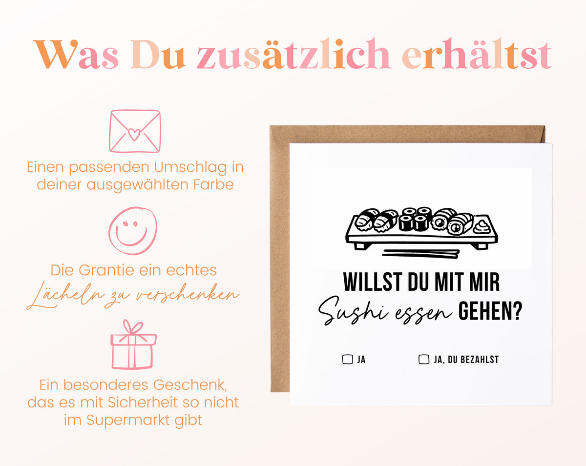 Gutscheinkarte „Sushi essen – Platte“ inklusive Umschlag in der gewählten Farbe