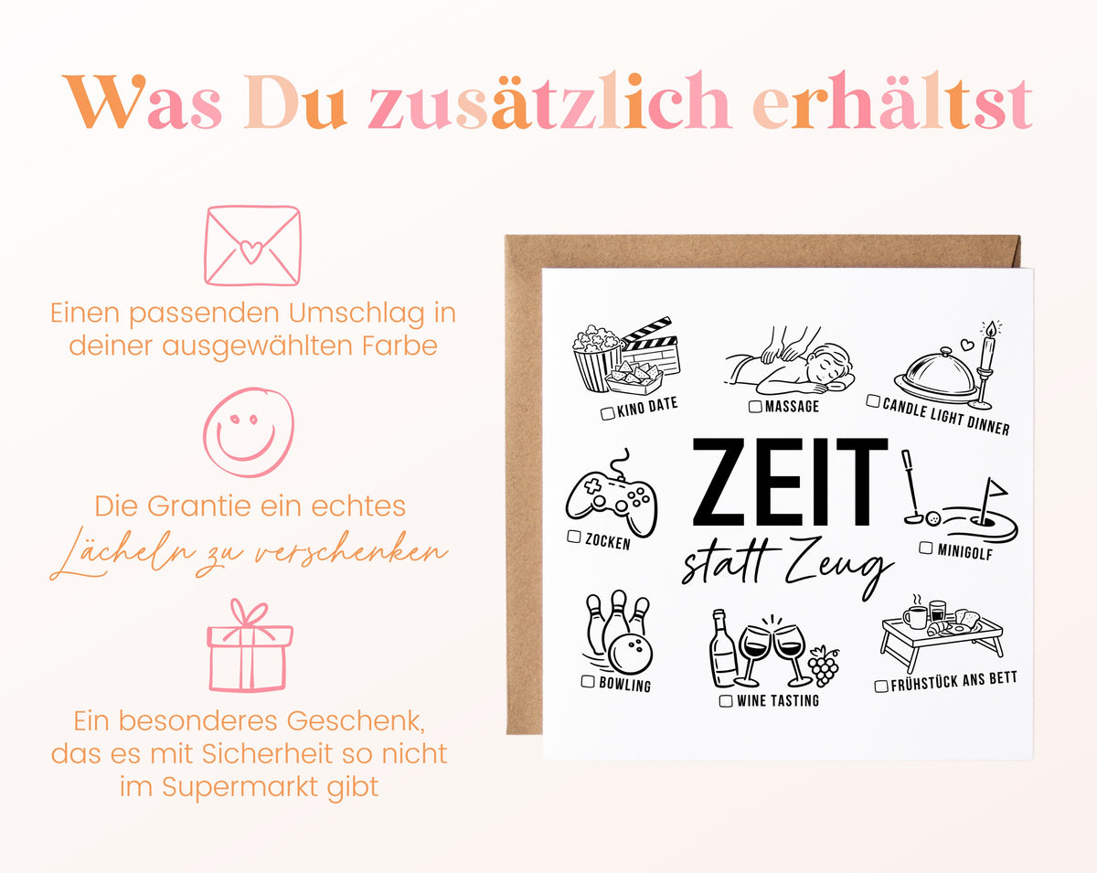 Gutscheinkarte „Zeit statt Zeug“ inklusive Umschlag in der gewählten Farbe
