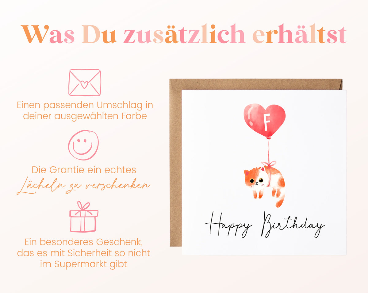 Geburtstagskarte Katze mit Herzballon – Umschlag und Lieferumfang