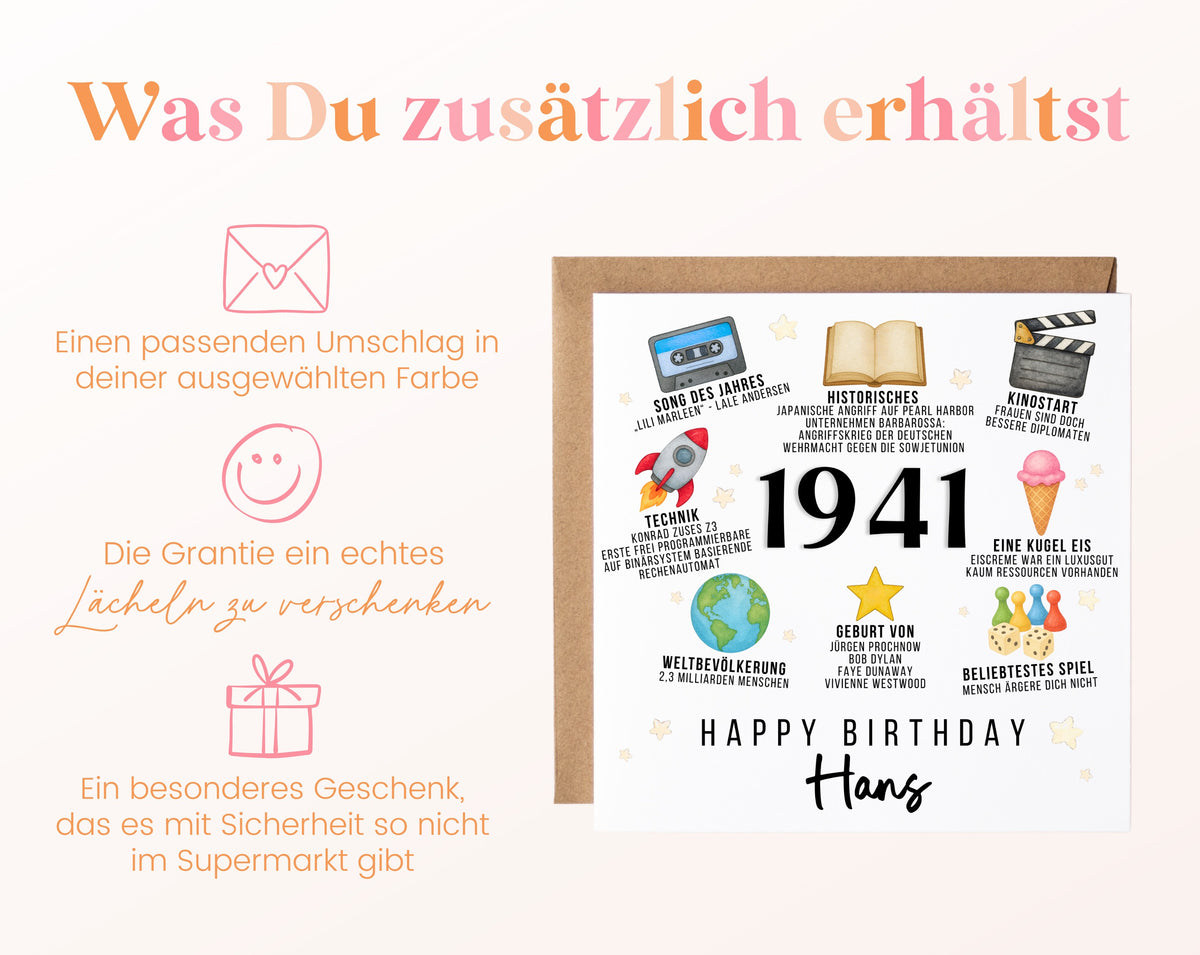 Personalisierte Geburtstagskarte Jahrgang 1941 – Zeitreise mit Musik und Film – Umschlag zur Karte