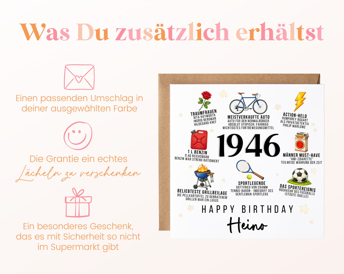 Personalisierte Geburtstagskarte Jahrgang 1946 – Nostalgie für Männer – Umschlag zur Karte