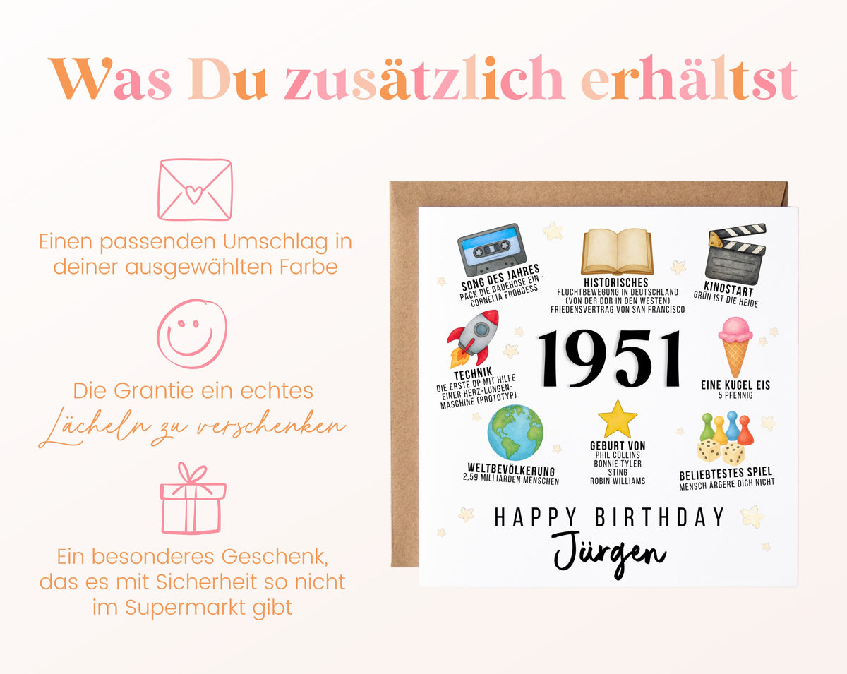 Personalisierte Geburtstagskarte Jahrgang 1951 – Zeitreise mit Musik und Film – Umschlag zur Karte