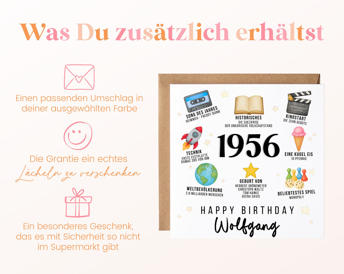 Personalisierte Geburtstagskarte Jahrgang 1956 – Zeitreise mit Musik und Film – Umschlag zur Karte
