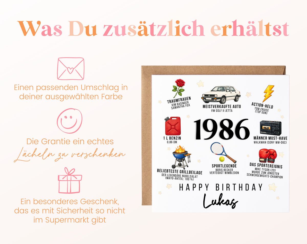 Personalisierte Geburtstagskarte Jahrgang 1986 – Nostalgie für Männer – Umschlag zur Karte
