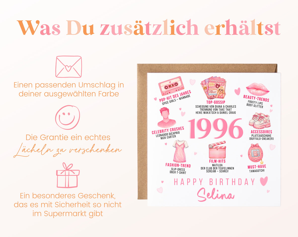 Personalisierte Geburtstagskarte Jahrgang 1996 – rosa Popkultur – Umschlag zur Karte