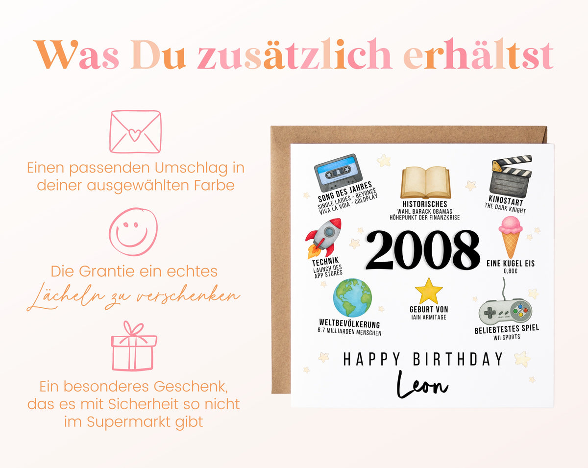 Personalisierte Geburtstagskarte Jahrgang 2008 – Zeitreise mit Musik und Film – Umschlag zur Karte