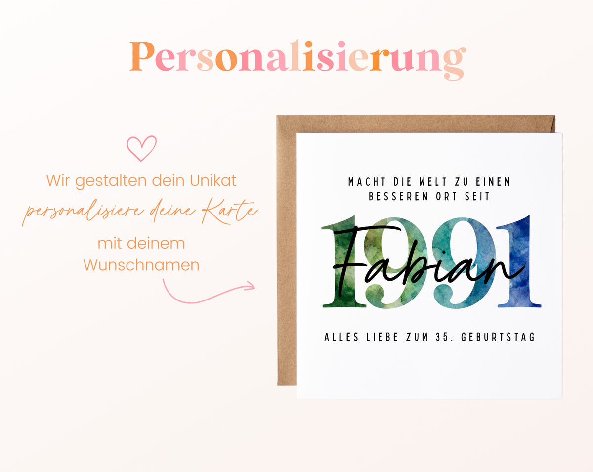 Personalisierte Geburtstagskarte Jahrgang 1991 – Beispiel der Namenspersonalisierung