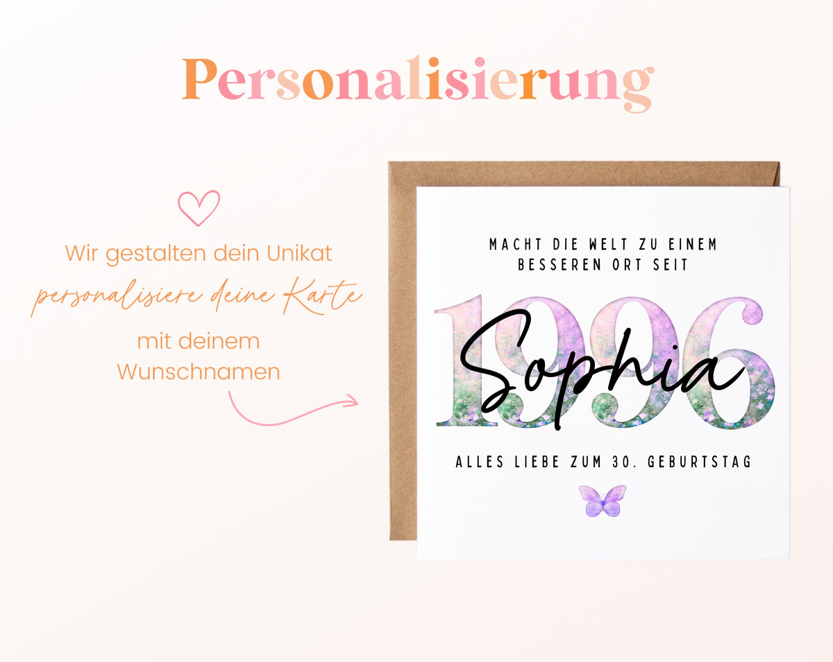 Personalisierte Geburtstagskarte Jahrgang 1996 – Beispiel der Namenspersonalisierung