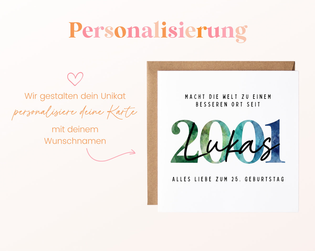 Personalisierte Geburtstagskarte Jahrgang 2001 – Beispiel der Namenspersonalisierung