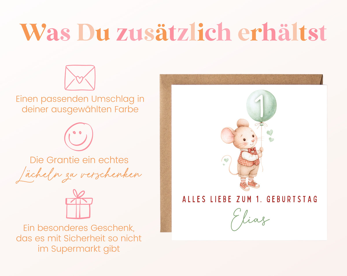 Pastellmaus mit grünem Ballon – Details zur Klappkarte