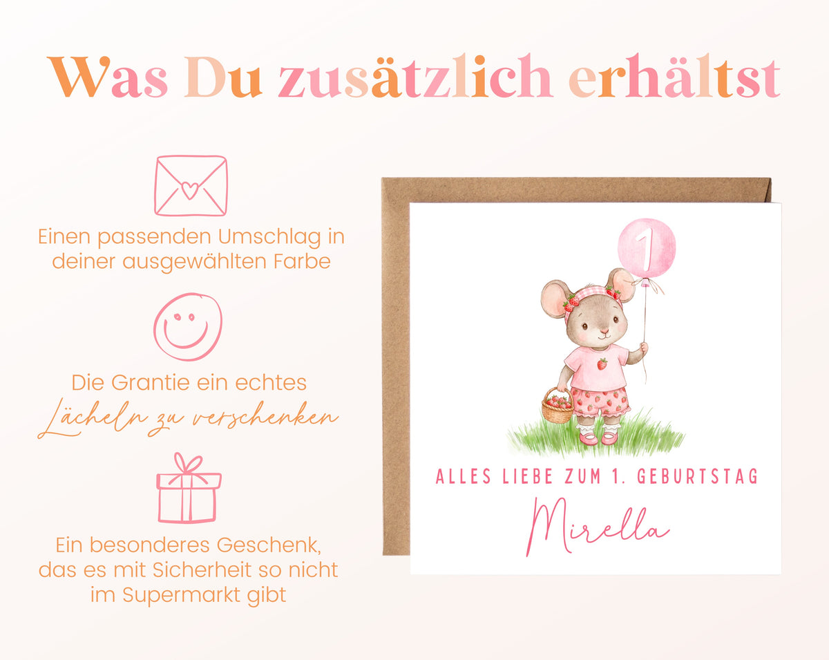 Mädchenmaus mit rosa Ballon – Details zur Klappkarte