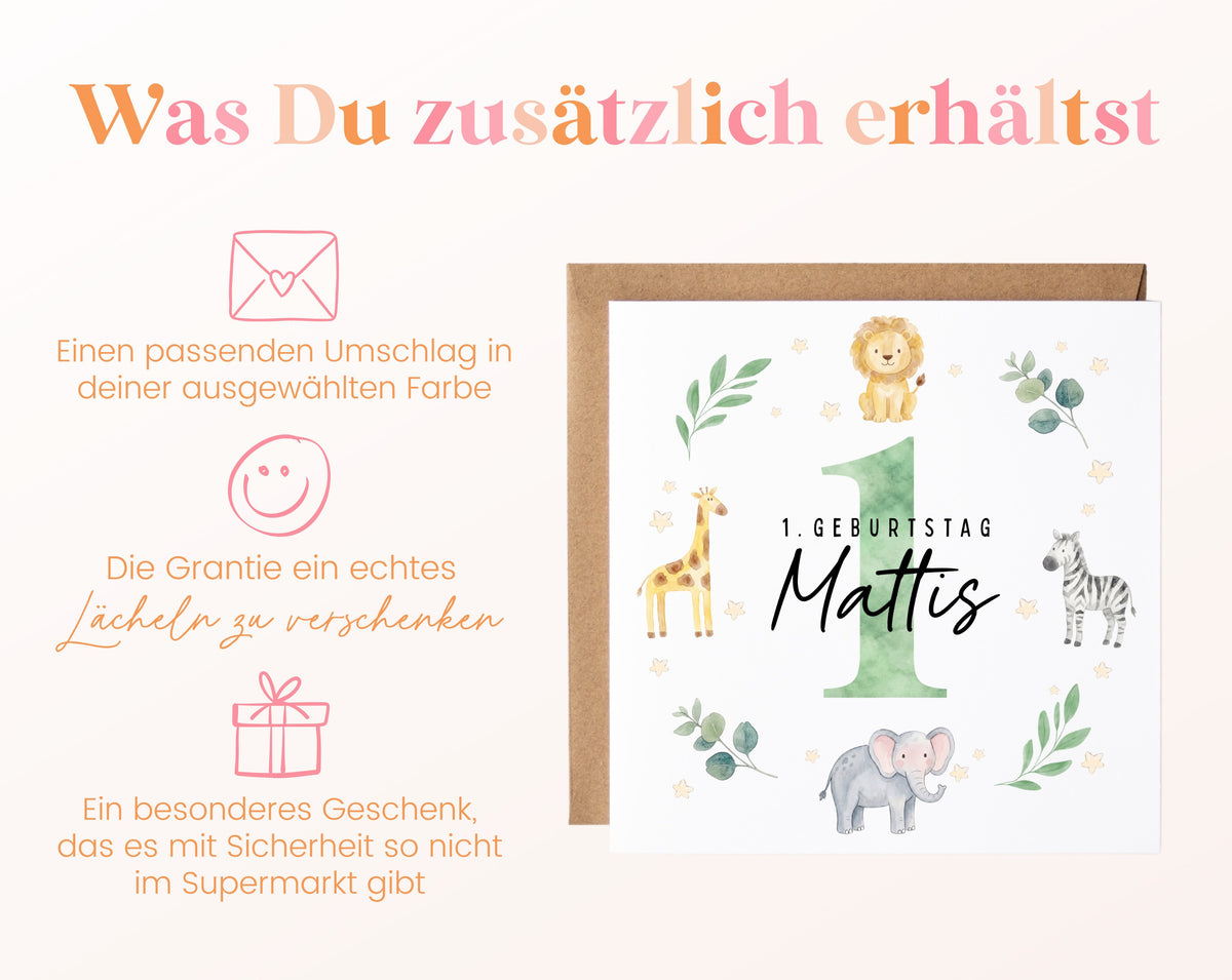 Personalisierte Kindergeburtstagskarte Safari-Tiere – Produktinformationen