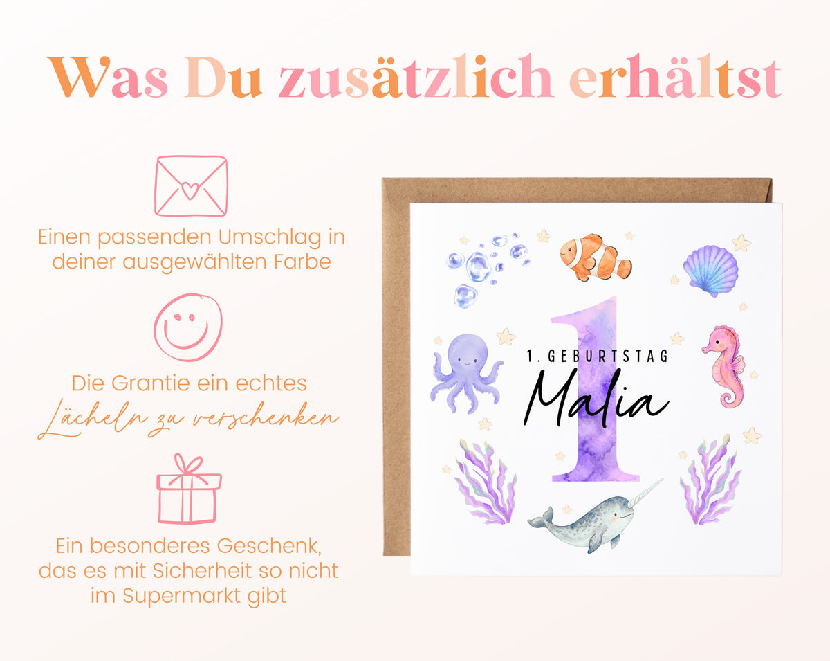 Personalisierte Kindergeburtstagskarte Meerestiere in Rosa & Lila – Produktinformationen