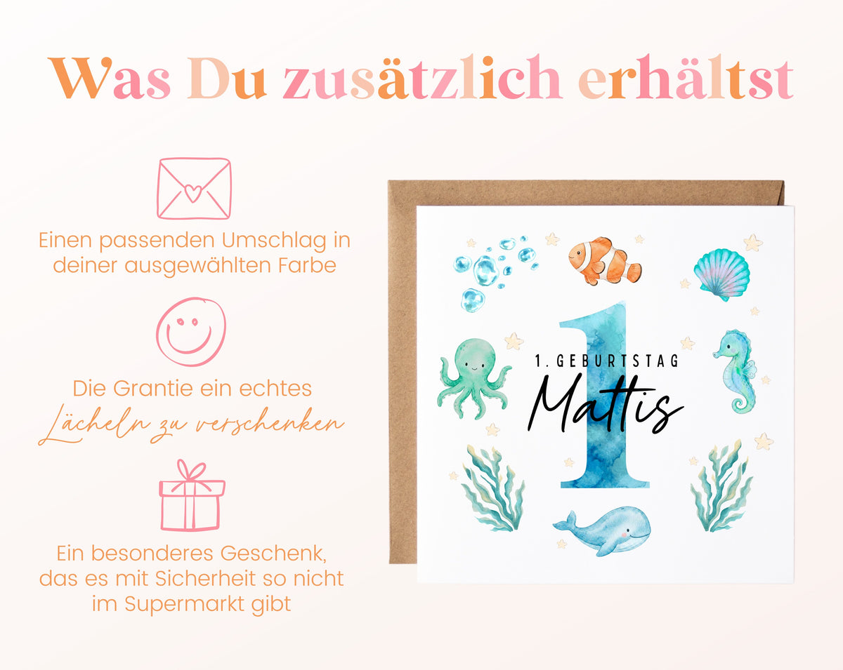 Personalisierte Kindergeburtstagskarte Meerestiere in Blau – Produktinformationen