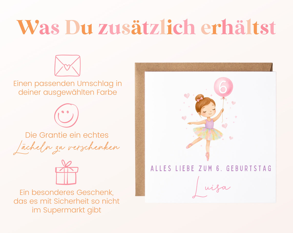 Kindergeburtstagskarte Ballerina mit Umschlag und Hinweisen zum Lieferumfang