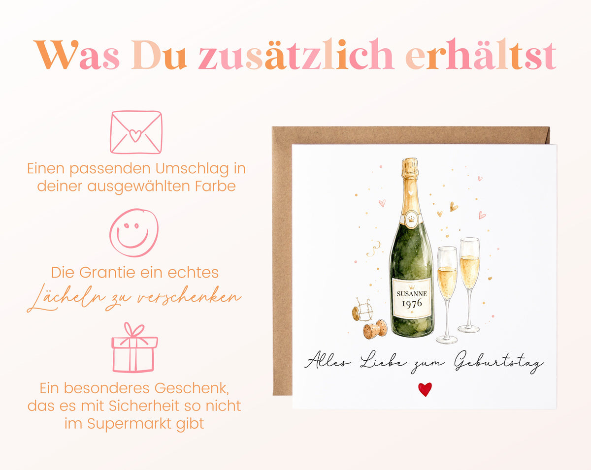 Personalisierte Geburtstagskarte mit Champagnerflasche und Jahrgang – Hinweis zum Umschlag
