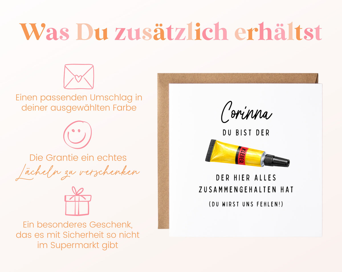 Personalisierte Abschiedskarte – Du bist der Kleber – Weitere Informationen