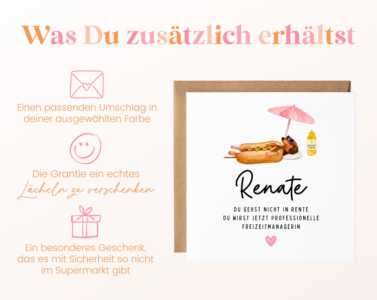 Personalisierte Ruhestandskarte – Freizeitmanagerin mit Dackel – Weitere Informationen