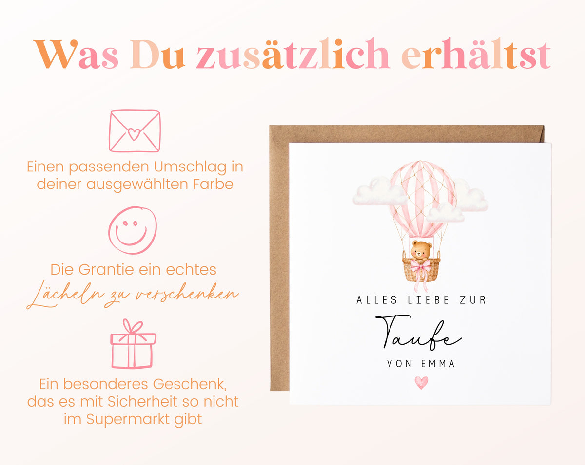 Personalisierbare Taufkarte – Bär im rosa Heißluftballon – Kartenansicht
