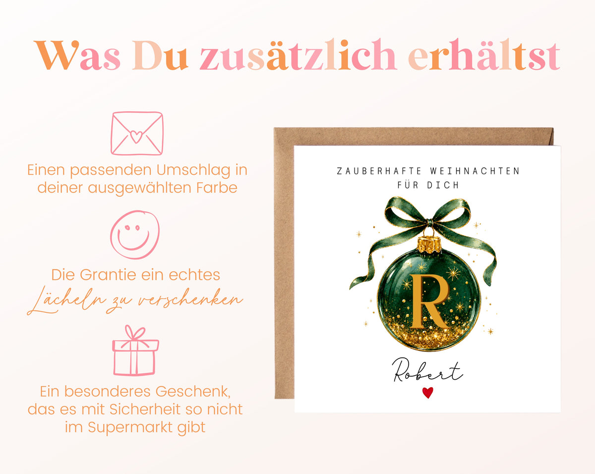 Personalisierbare Weihnachtskarte – Weihnachtskugel in Dunkelgrün