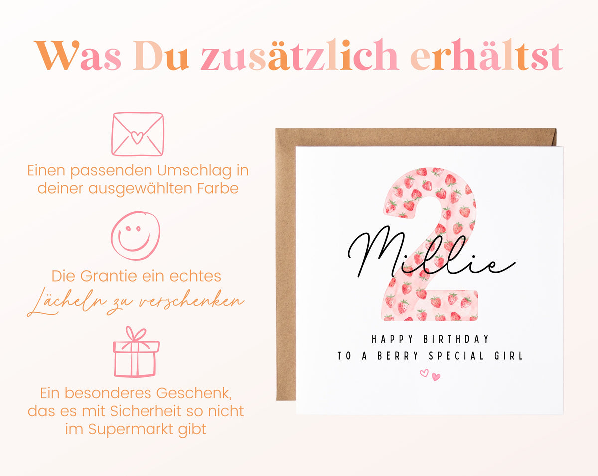 Personalisierte Geburtstagskarte zum 2. Geburtstag mit Erdbeere – Karte und Umschlag