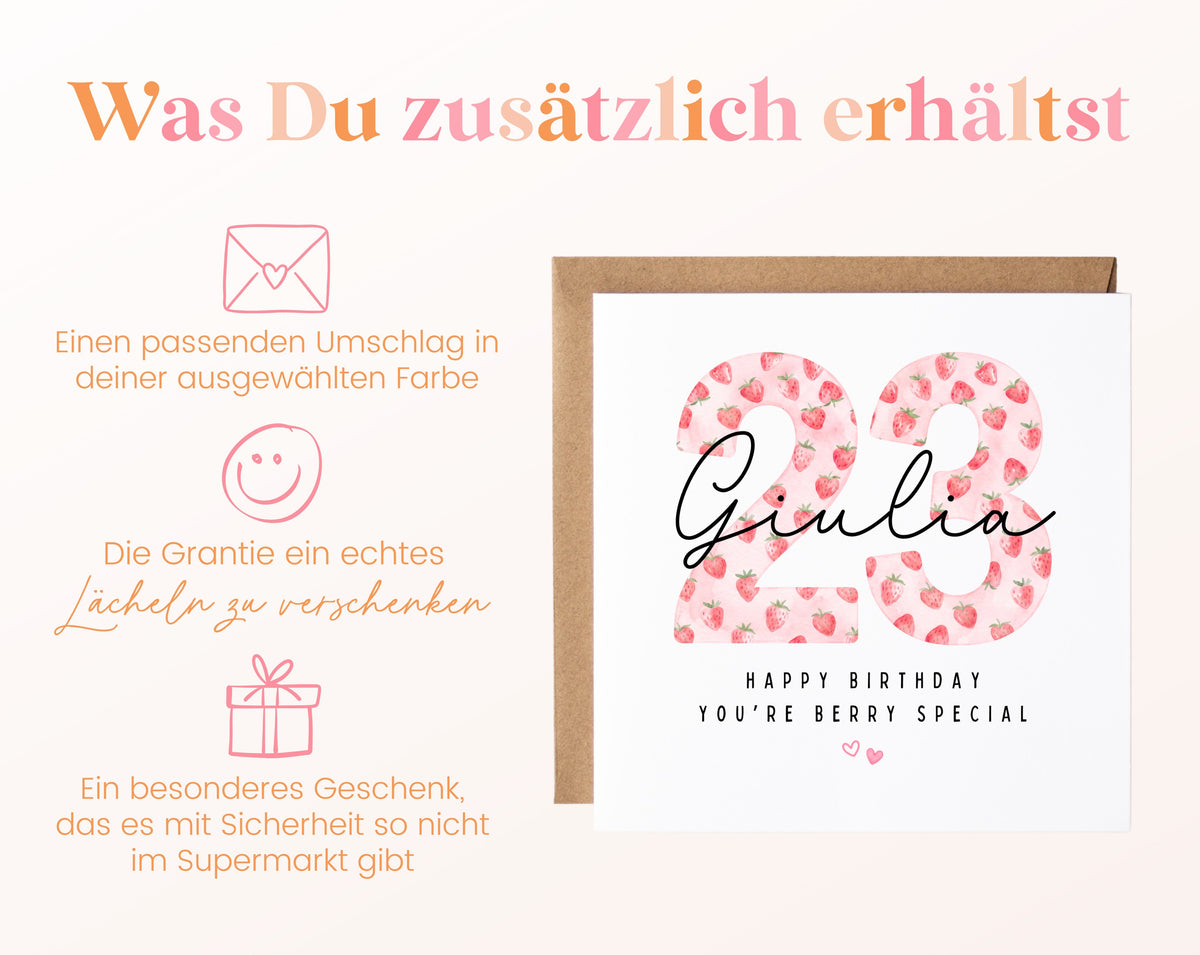 Personalisierte Geburtstagskarte zum 23. Geburtstag mit Erdbeere – Karte und Umschlag