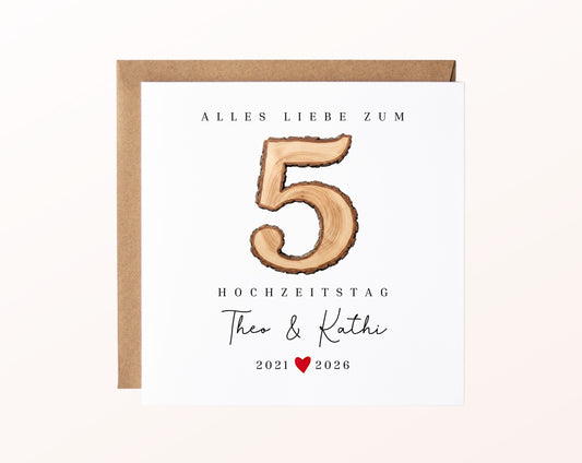 Holzhochzeit Karte - rustikale Zahl 5 - personalisiert