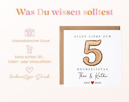 Holzhochzeit Karte - rustikale Zahl 5 - personalisiert