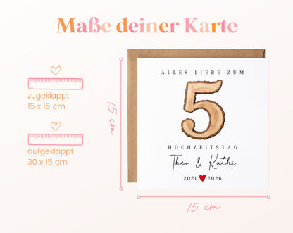 Holzhochzeit Karte - rustikale Zahl 5 - personalisiert