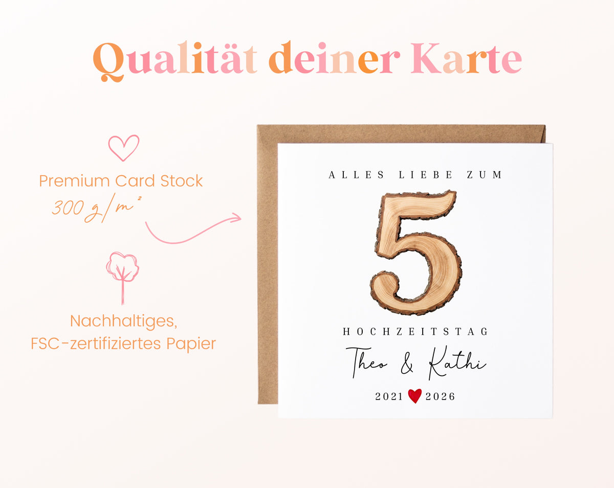Holzhochzeit Karte - rustikale Zahl 5 - personalisiert