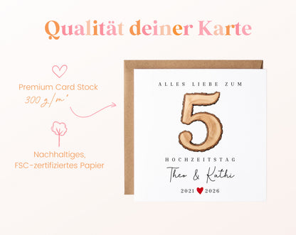 Holzhochzeit Karte - rustikale Zahl 5 - personalisiert