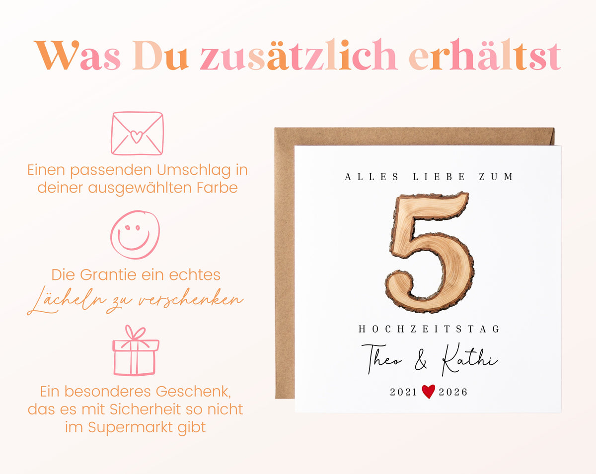 Holzhochzeit Karte - rustikale Zahl 5 - personalisiert